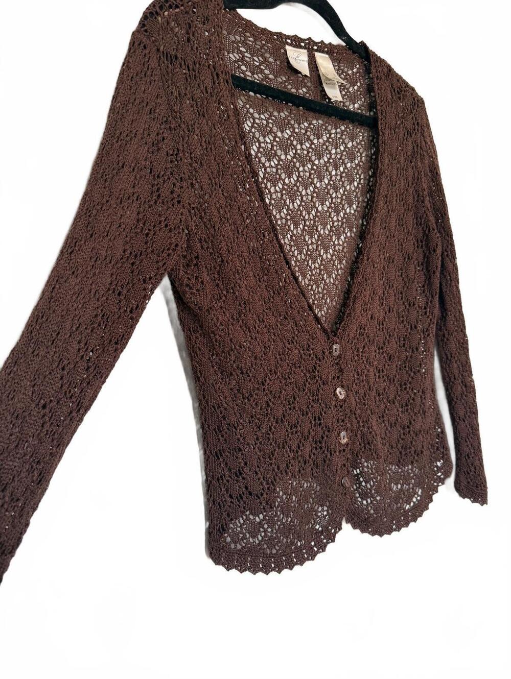 Brown Crochet Knit Button-Up Cardigan Sweater